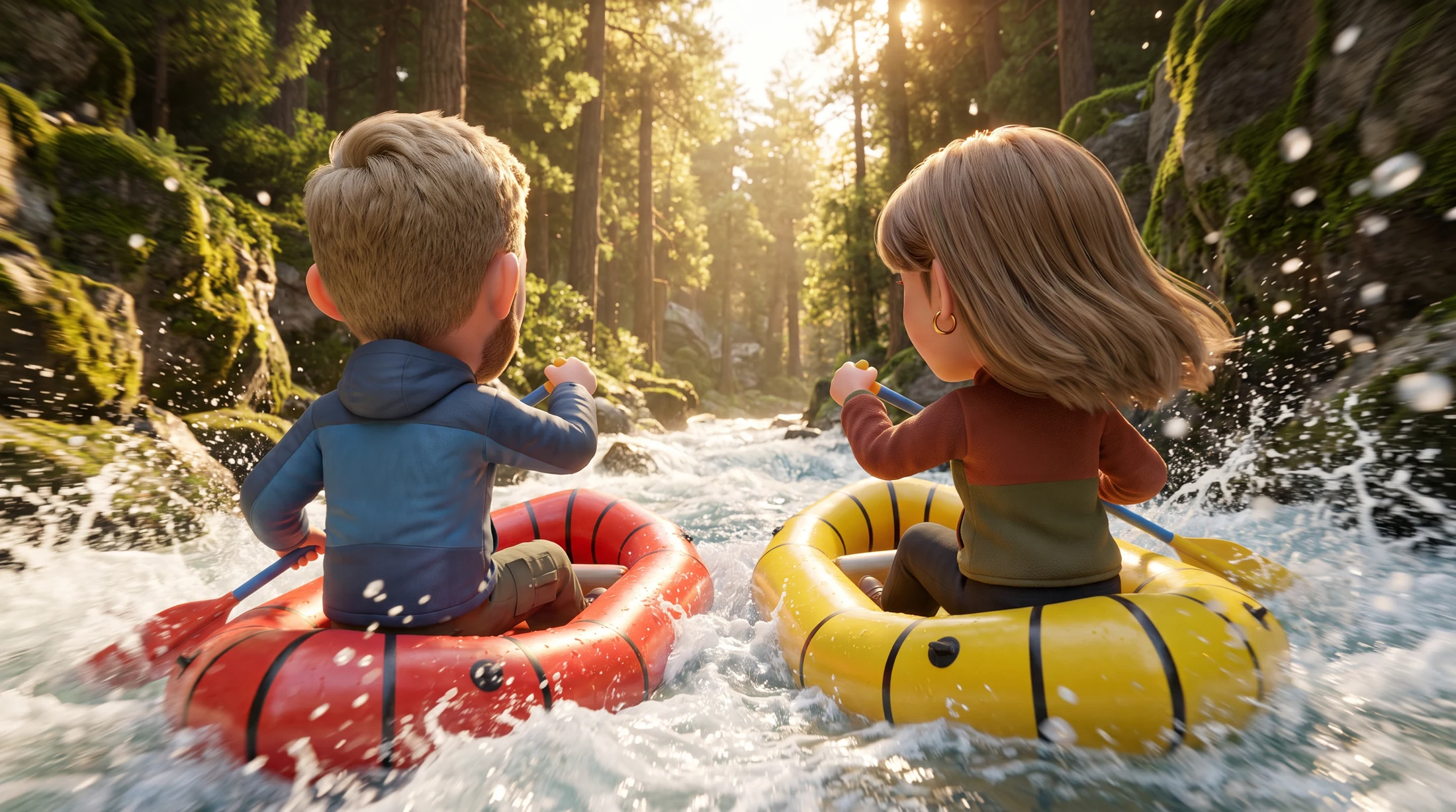 Two Humuns minis rafting together through a sunlit forest